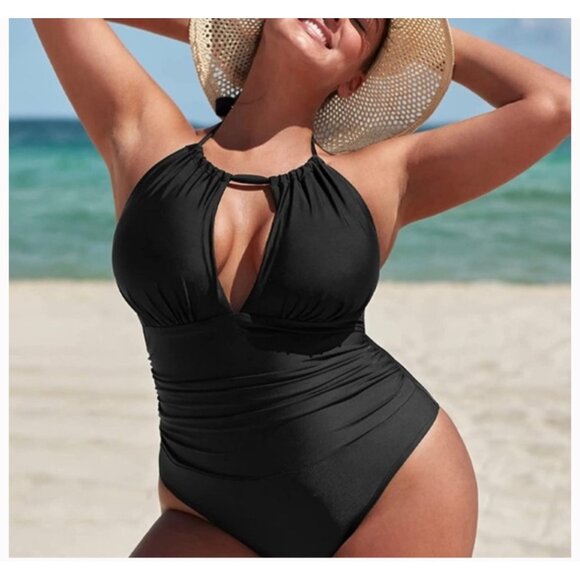 Aqua Eve Women 1 Piece Swimsuit Size 20W Black Deep V-Neck Halter Tummy Control - Picture 1 of 6